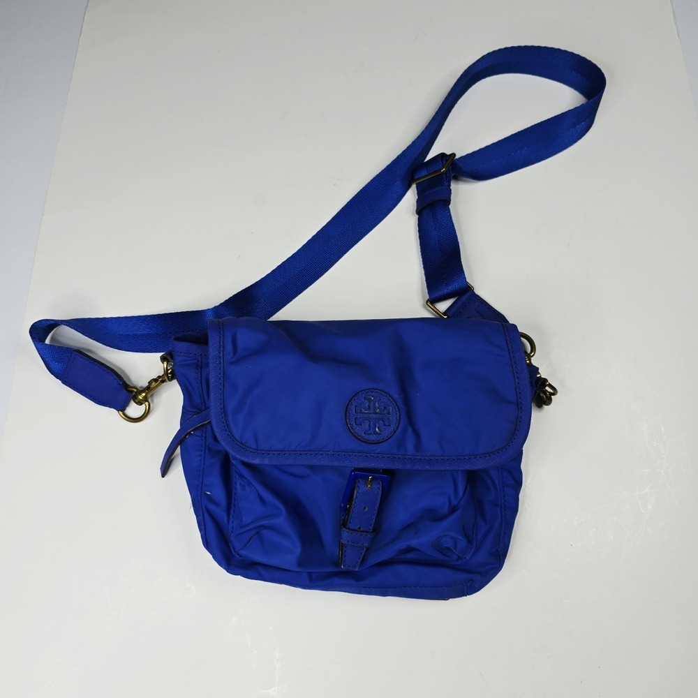 Tory Burch Nylon Crossbody Messenger Bag Royal Cobalt Blue Saffiano Flap